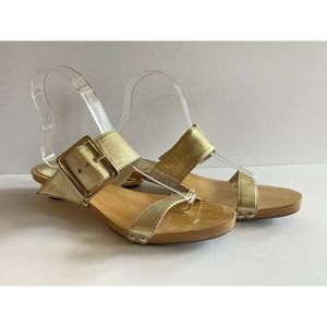 Womens Sandals KATE SPADE Gold Leather Wood Soles Size 8 Slip on Shoes